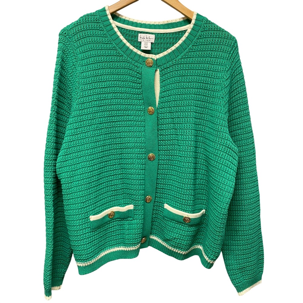 Classic Nicole Miller Green Button Up Cardigan Sweater 1X Textured Office Work
